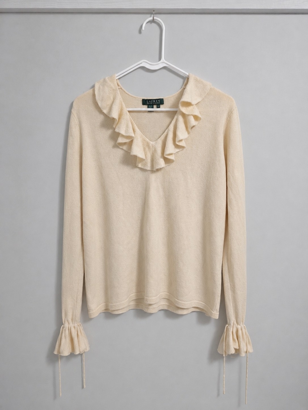 Lauren Ralph Lauren Cream Ruffle-Trim V-Neck Sweater SILK/CASHMERE Womens XL